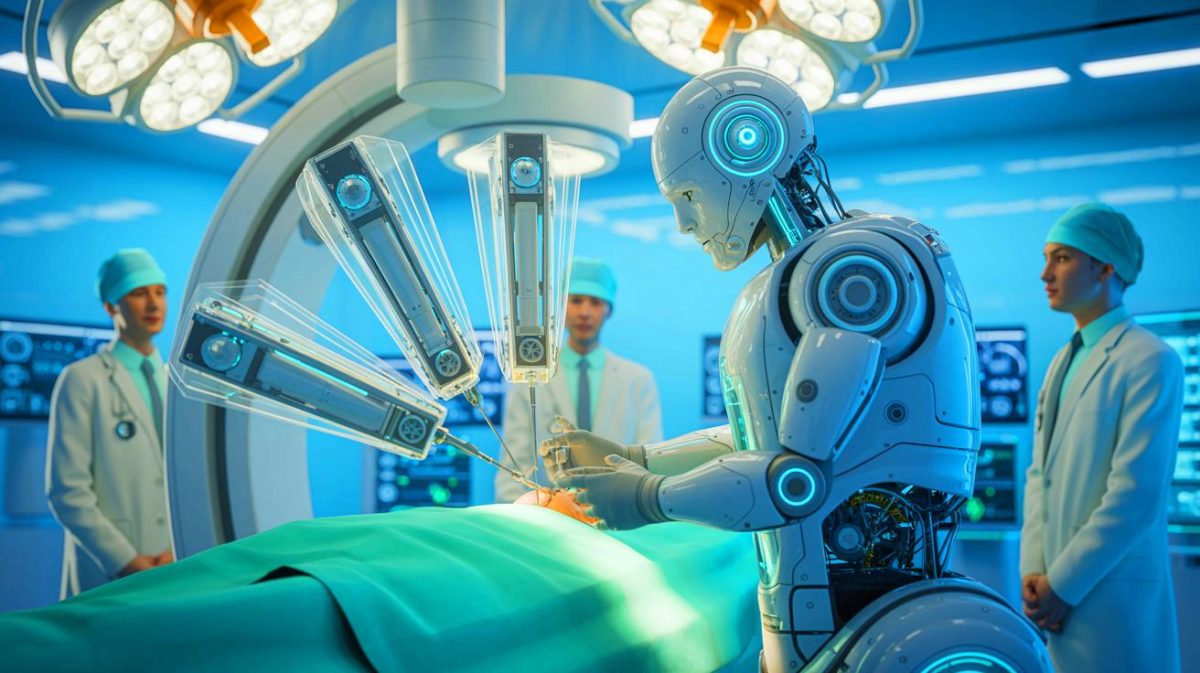 Illustration de l'intervention chirurgicale complexe réalisée par un robot alimenté à l'intelligence artificielle, créée par intelligence artificielle.