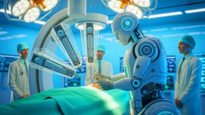 Illustration de l'intervention chirurgicale complexe réalisée par un robot alimenté à l'intelligence artificielle, créée par intelligence artificielle.