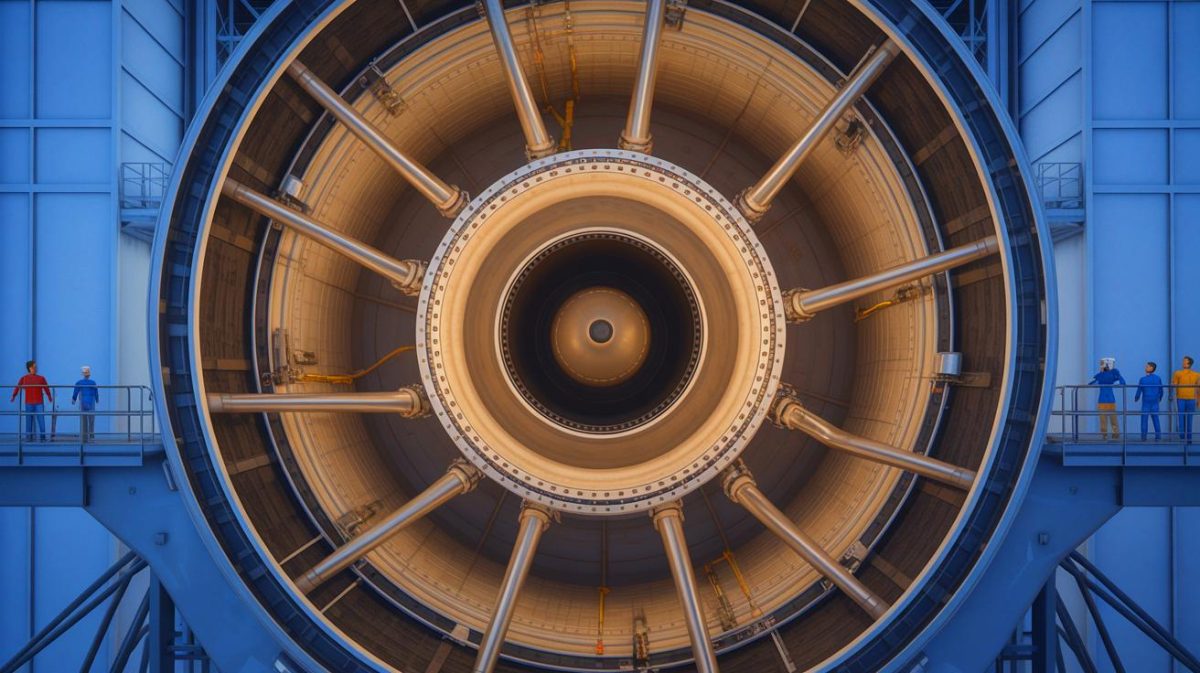 Illustration de l'intérieur du booster Super Heavy de SpaceX, générée par intelligence artificielle.