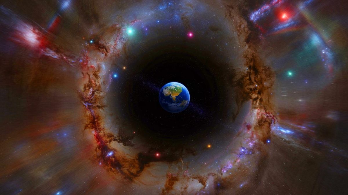 Illustration de la Terre et de la Voie lactée au centre d'un vide cosmique géant, générée par intelligence artificielle.