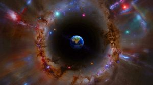 Illustration de la Terre et de la Voie lactée au centre d'un vide cosmique géant, générée par intelligence artificielle.