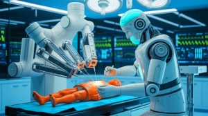 Illustration de l'opération chirurgicale autonome réalisée par le robot SRT-H, créée par intelligence artificielle.