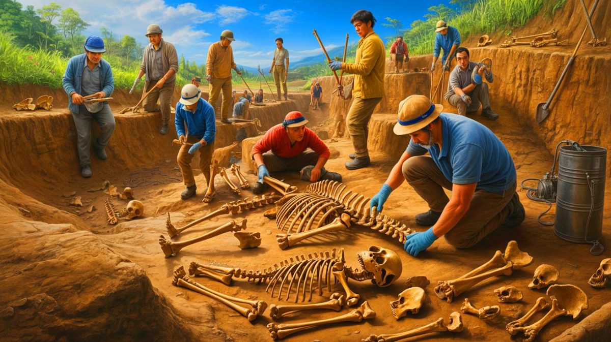 Illustration de la découverte de la potentielle nouvelle espèce humaine Homo juluensis, générée par intelligence artificielle.