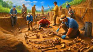 Illustration de la découverte de la potentielle nouvelle espèce humaine Homo juluensis, générée par intelligence artificielle.
