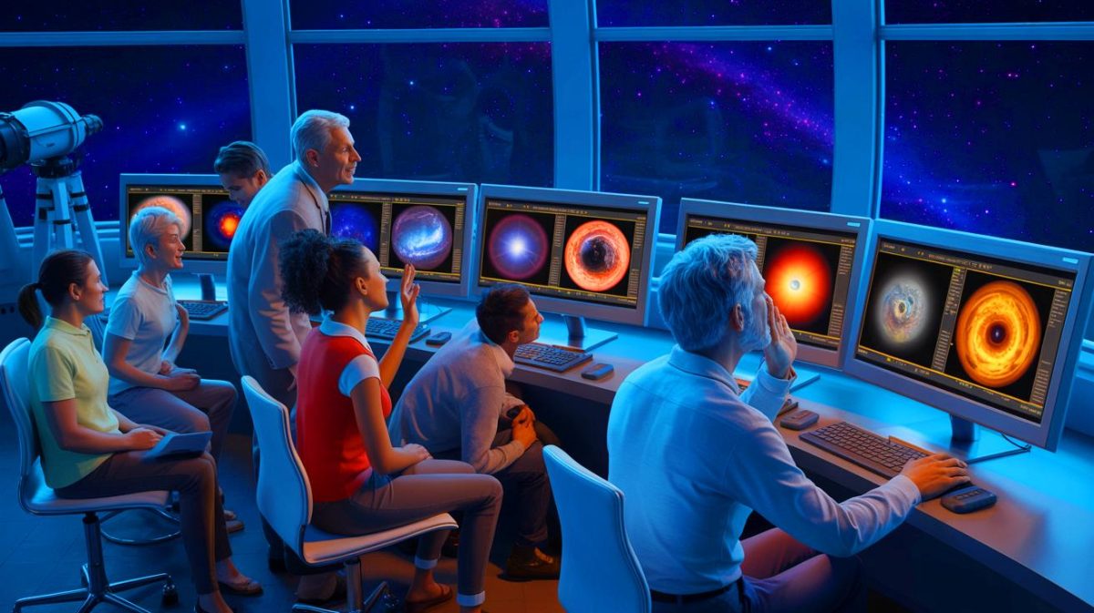 Illustration de la découverte d'une étoile cataclysmique par des citoyens grâce à un jeu d'observation, générée par intelligence artificielle.