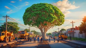 Illustration de l'arbre centenaire quebracho blanc au centre des protestations en Argentine, générée par intelligence artificielle.