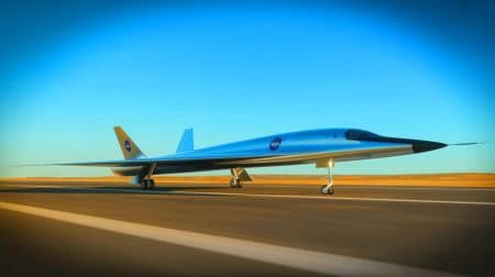 Illustration de l'avion supersonique X-59 de la Nasa s'apprêtant à réaliser son premier vol, générée par intelligence artificielle.