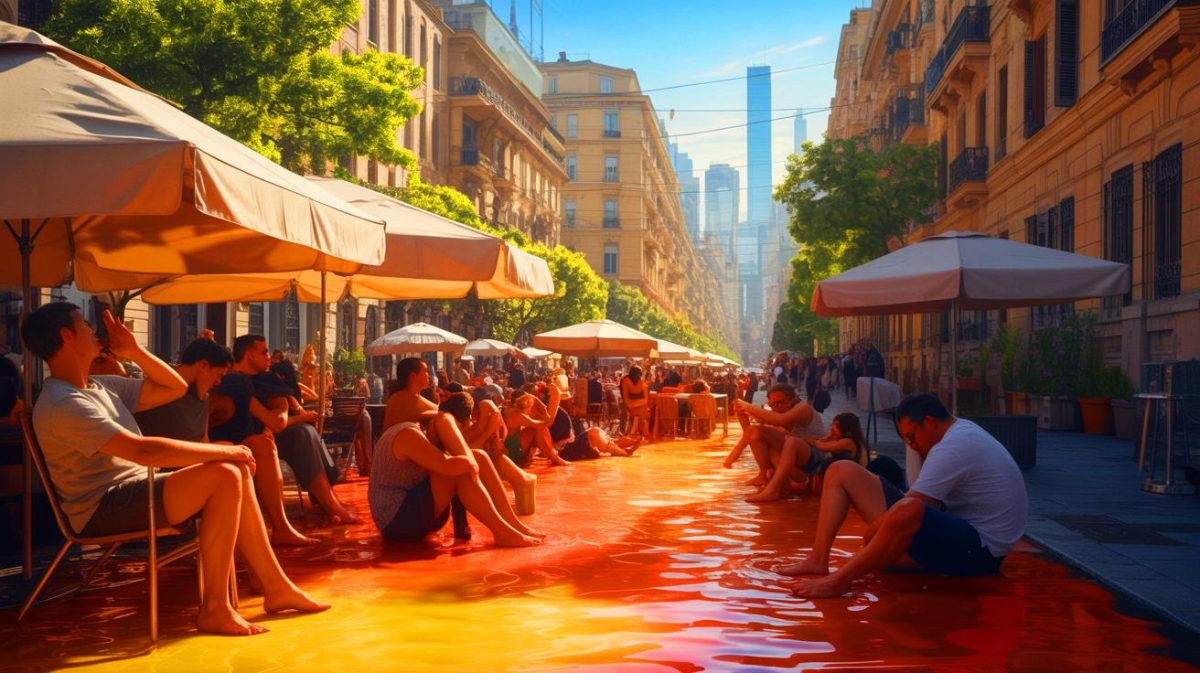 Illustration de la vague de chaleur en Europe amplifiée par le réchauffement climatique, générée par intelligence artificielle.