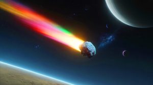 Illustration de la comète interstellaire 3I/ATLAS traversant le Système solaire, générée par intelligence artificielle.