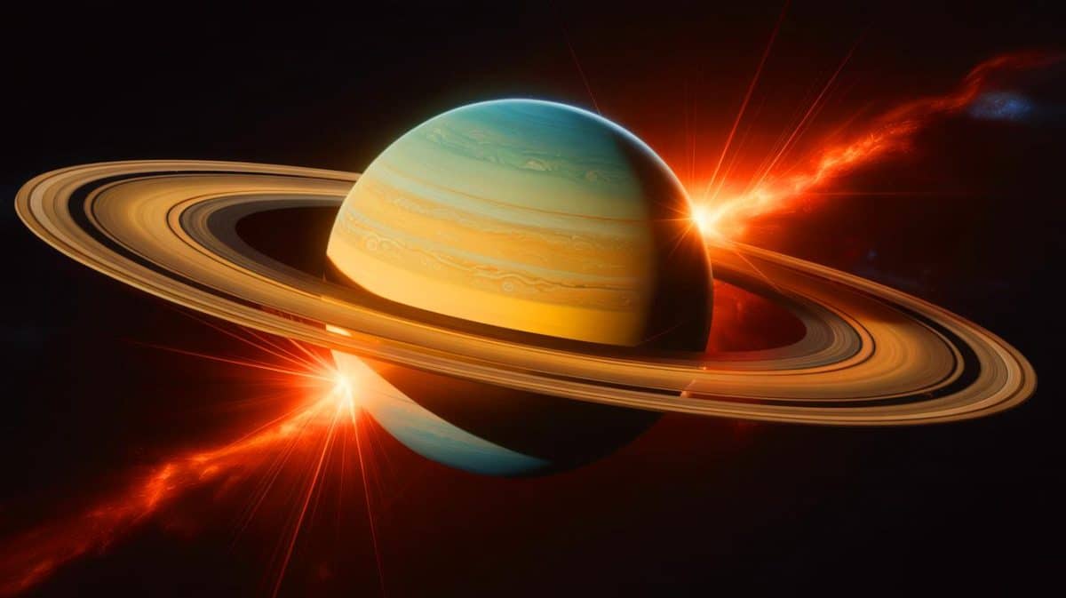 Illustration de la lueur fugace observée sur Saturne, générée par intelligence artificielle.