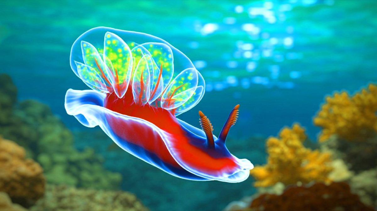 Illustration de limaces de mer intégrant des chloroplastes d'algues, générée par intelligence artificielle.