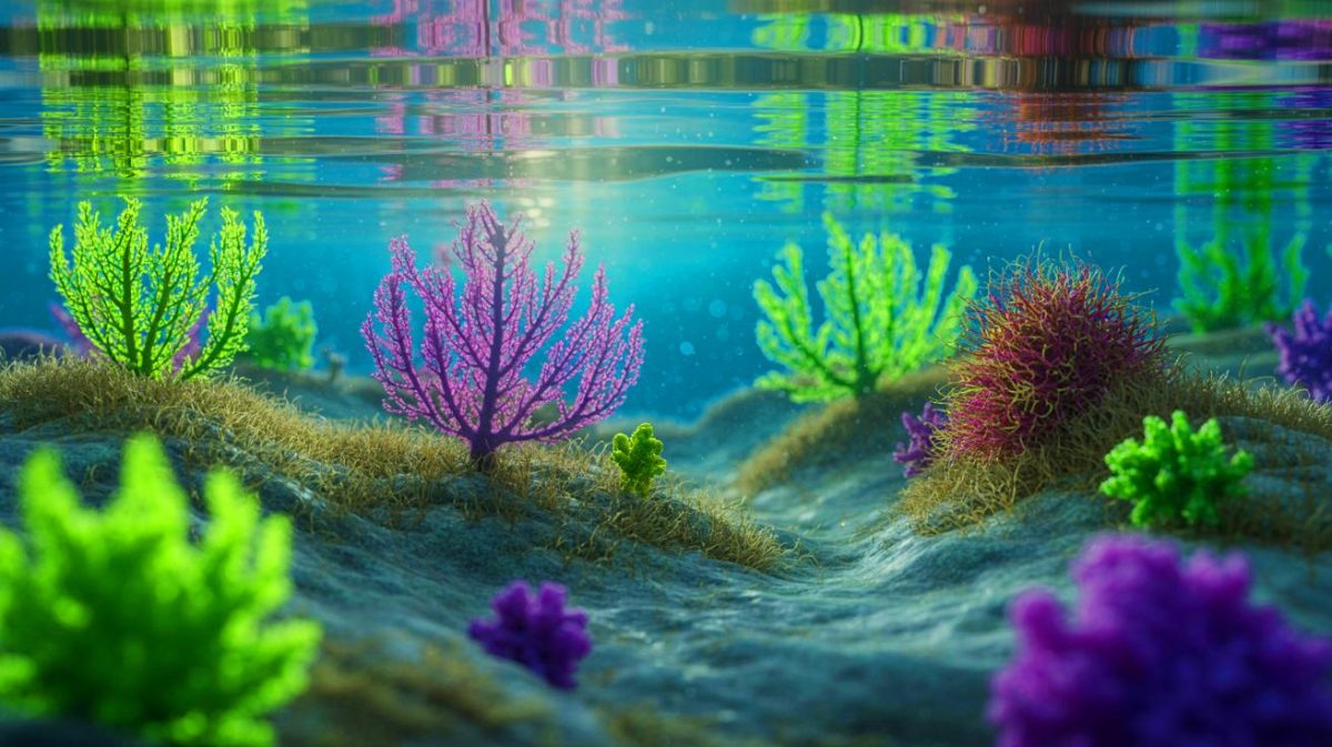 Illustration de microalgues régulant le cycle du carbone dans les écosystèmes marins. Image réalisée par IA.