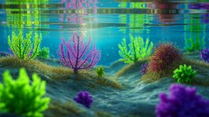 Illustration de microalgues régulant le cycle du carbone dans les écosystèmes marins. Image réalisée par IA.