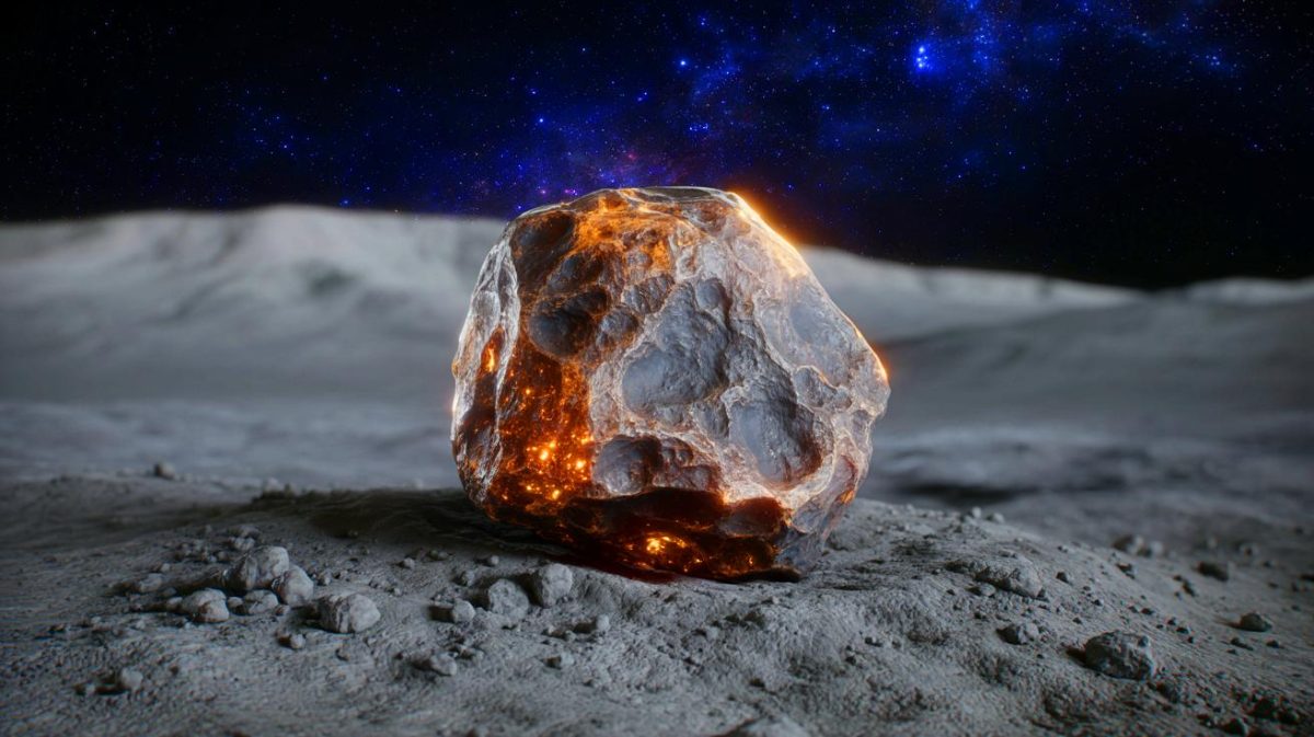 Illustration de la météorite lunaire NWA 16286 révélant une activité volcanique prolongée sur la Lune, générée par intelligence artificielle.