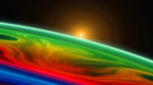 Illustration de l'exoplanète K2-18 b et de sa potentielle atmosphère abritant des gaz associés à la vie, générée par intelligence artificielle.