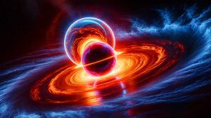 Illustration de la fusion spectaculaire de deux trous noirs, une création générée par intelligence artificielle.
