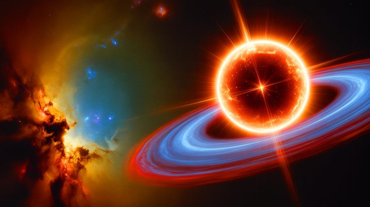 Illustration de la naine blanche Gaia22ayj siphonnant le plasma de son étoile compagnon, créée par intelligence artificielle.