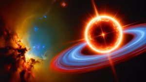 Illustration de la naine blanche Gaia22ayj siphonnant le plasma de son étoile compagnon, créée par intelligence artificielle.
