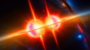 Illustration de la double explosion d'une étoile capturée pour la première fois, générée par intelligence artificielle.