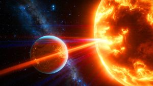 Illustration de l'interaction magnétique entre une exoplanète suicidaire et son étoile, générée par intelligence artificielle.