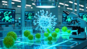 Illustration de l'accélération de l'évolution moléculaire par l'intelligence artificielle biologique PROTEUS, générée par une intelligence artificielle.