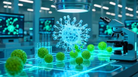 Illustration de l'accélération de l'évolution moléculaire par l'intelligence artificielle biologique PROTEUS, générée par une intelligence artificielle.