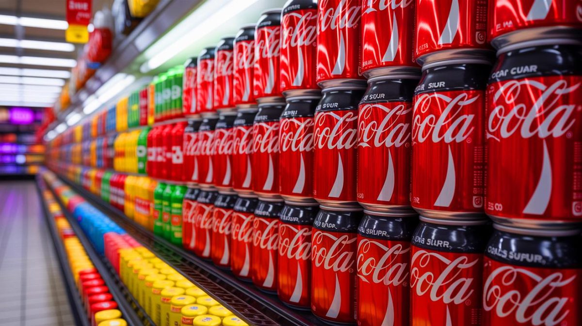 Illustration de canettes de Coca-Cola avec sucre de canne, générée par intelligence artificielle.