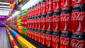 Illustration de canettes de Coca-Cola avec sucre de canne, générée par intelligence artificielle.