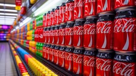 Illustration de canettes de Coca-Cola avec sucre de canne, générée par intelligence artificielle.