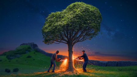 Illustration de l'abattage du Sycamore Gap Tree par deux vandales, générée par intelligence artificielle.
