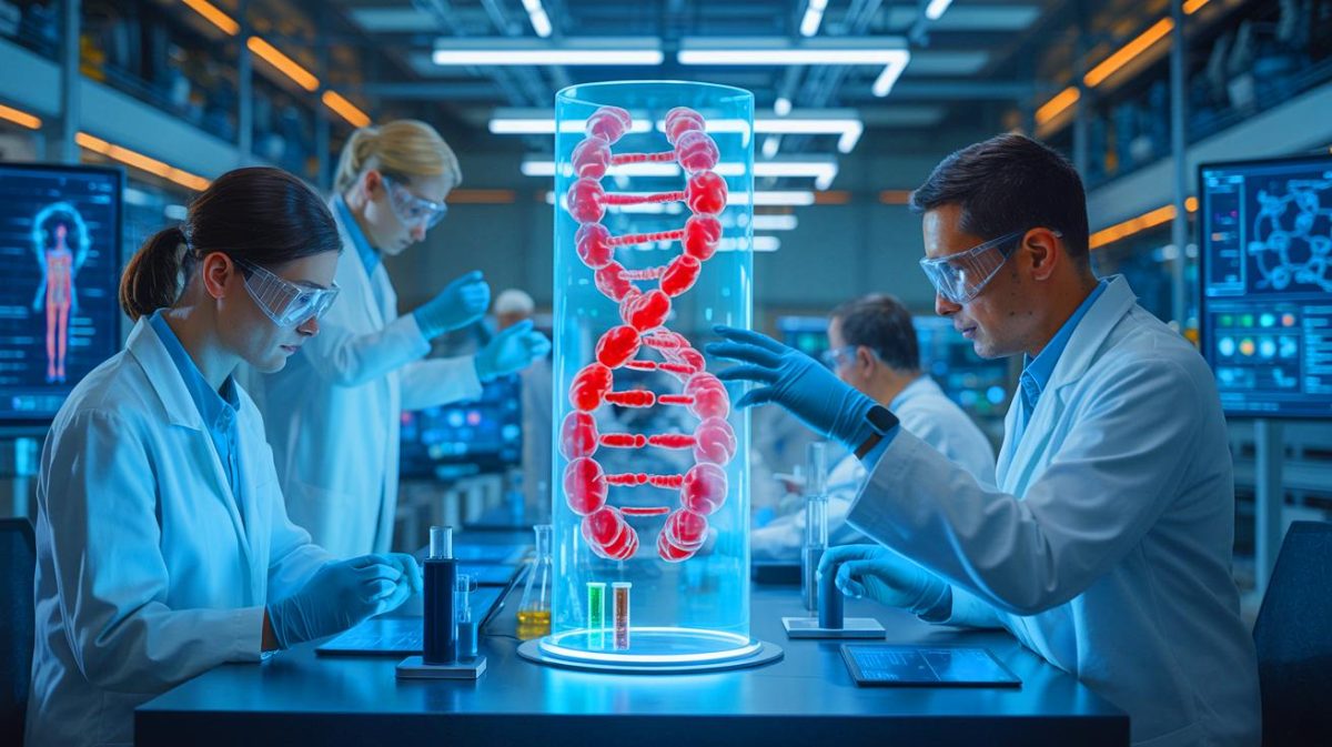 Illustration de la synthèse d'un chromosome humain entier par le projet SynHG. Image réalisée par IA.