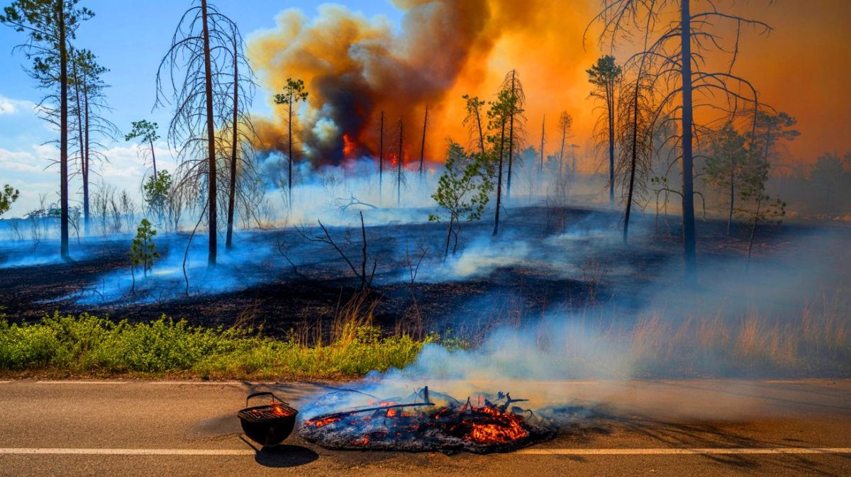 Illustration de l'incendie dans l'Aude causé par un barbecue mal éteint. Image réalisée par IA.