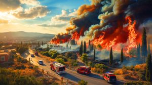 Illustration de l'incendie près d'Athènes ravageant la végétation et menaçant les habitations. Image réalisée par IA.