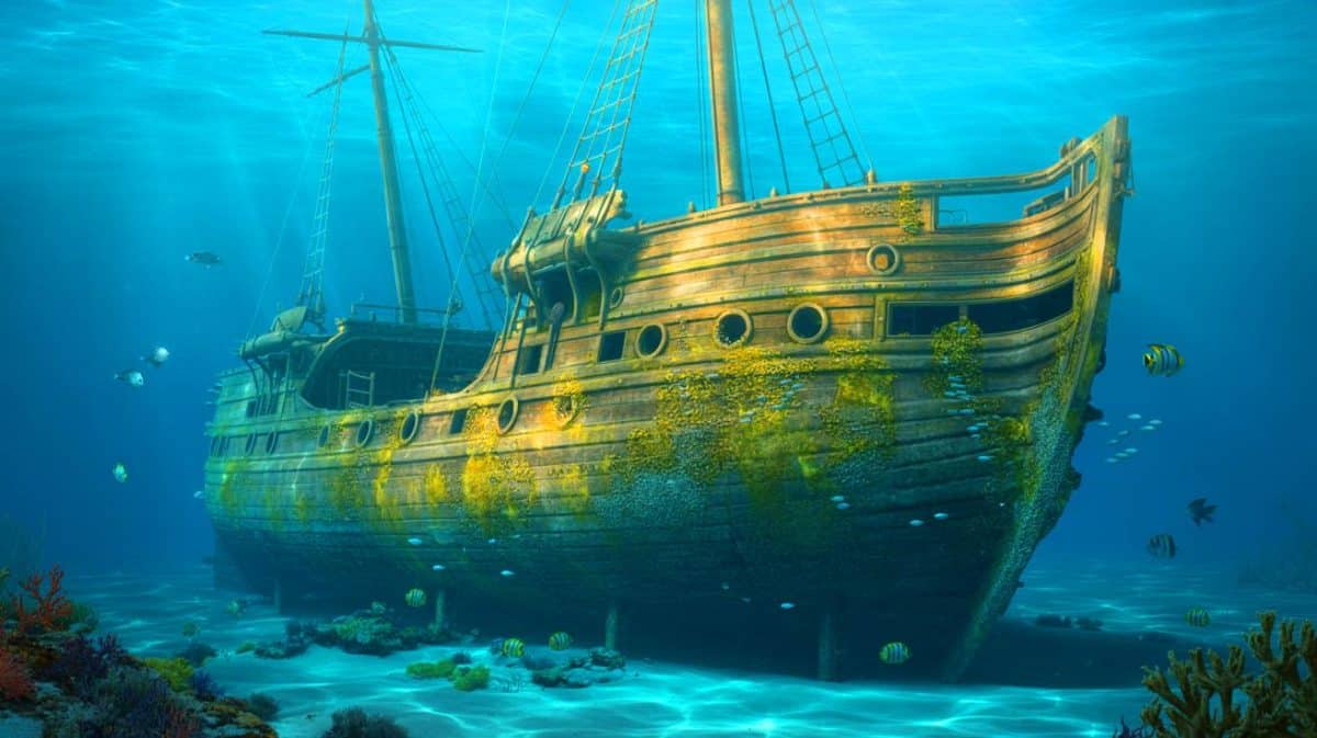 Illustration de l'épave du HMS Endeavour récemment confirmée au large de Rhode Island. Image réalisée par IA.
