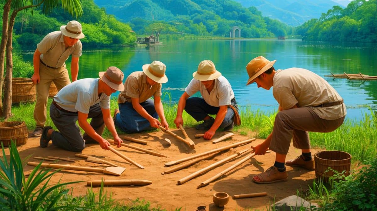 Illustration de la découverte d'outils préhistoriques en bois près d'un lac chinois, générée par intelligence artificielle.