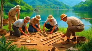 Illustration de la découverte d'outils préhistoriques en bois près d'un lac chinois, générée par intelligence artificielle.