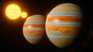 Illustration de doubles Jupiter chauds orbitant autour d'un système binaire. Image réalisée par IA.