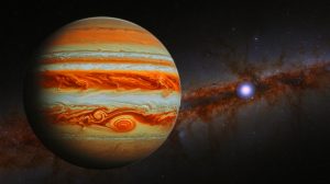 Illustration de la découverte d'une planète géante rare grâce à la microlentille gravitationnelle. Image réalisée par IA.
