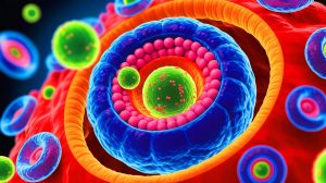 Illustration de la découverte de l'hémifusome, un nouvel organite cellulaire impliqué dans le recyclage des déchets intracellulaires. Image réalisée par IA.