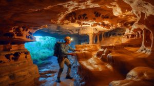 Illustration de Tebogo Makhubela explorant les grottes du "Berceau de l'Humanité" en Afrique du Sud. Image réalisée par IA.