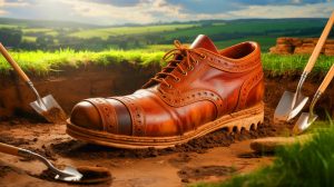Illustration de chaussures romaines gigantesques découvertes au fort de Magna, créée par intelligence artificielle.