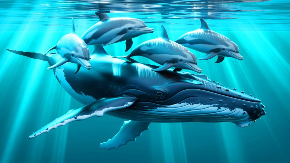 Des dauphins en mission : ces créatures marines héroïques guident une baleine égarée vers la sécurité des profondeurs océaniques Illustration de dauphins guidant une baleine à bosse égarée vers des eaux plus profondes. Image réalisée par IA.