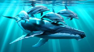 Illustration de dauphins guidant une baleine à bosse égarée vers des eaux plus profondes. Image réalisée par IA.