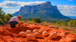 Illustration de la découverte de milliers d'œufs de dinosaures en Provence, générée par intelligence artificielle.