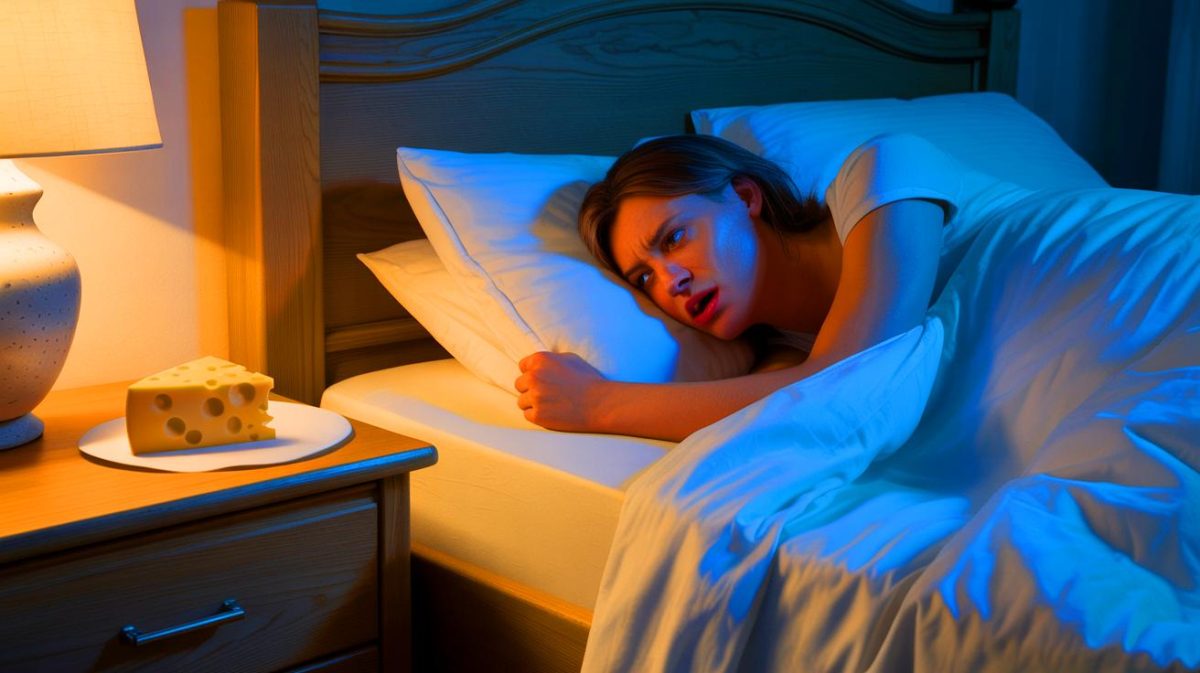 Des scientifiques révèlent une vérité troublante : ce fromage que vous adorez pourrait être la cause cachée de vos pires cauchemars nocturnes selon une étude récente Illustration de l'influence du fromage sur les cauchemars et le sommeil. Image réalisée par IA.