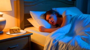 Illustration de l'influence du fromage sur les cauchemars et le sommeil. Image réalisée par IA.