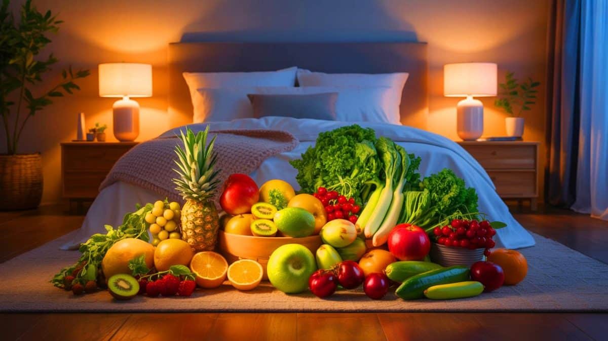 Illustration de l'impact positif de la consommation de fruits et légumes sur la qualité du sommeil. Image réalisée par IA.