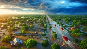 Illustration de l'impact dévastateur des inondations au Texas. Image réalisée par IA.