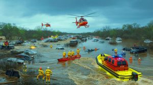 Illustration de l'impact des inondations au Texas et des opérations de secours en cours. Image réalisée par IA.
