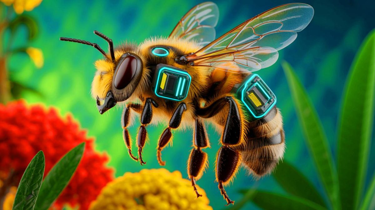 Illustration de la transformation d'abeilles en cyborgs contrôlés par un dispositif cérébral ultraléger, générée par intelligence artificielle.